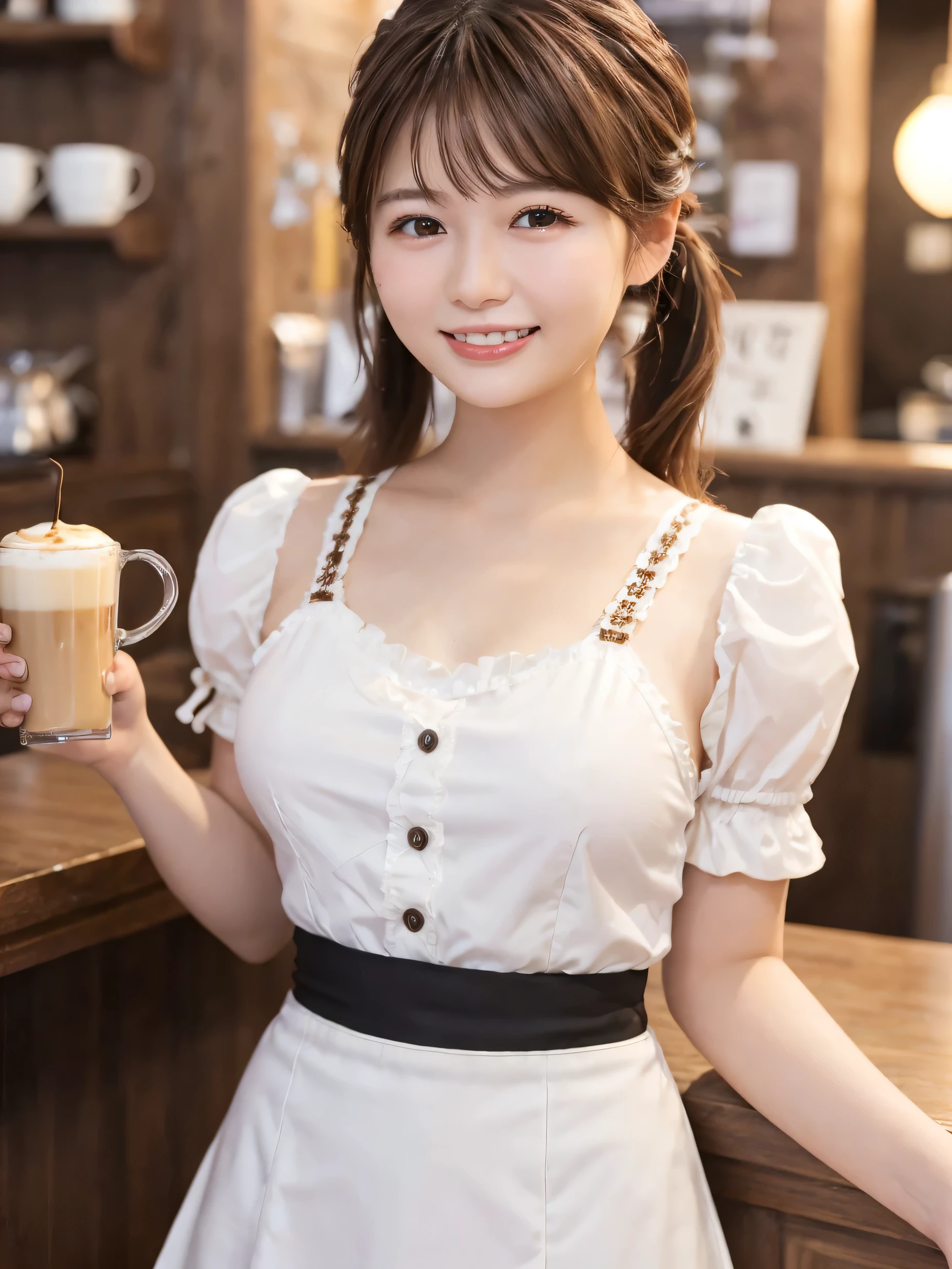 1 girl、(RAW Photos、Highest quality)、(Real、Photoreal:1.4)、Tabletop、Very delicate and beautiful、Very detailed、2k wallpaper、wonderful、Detailed、very detailedCG Unity 8K wallpaper、Super detailed、1、High resolution、((White waitress outfit))、Long skirt、Elegant skirt、Big Breasts、Frills、ribbon、Soft Light、Beautiful detailed girl、Puff sleeves、Cafe waitress、Medium Hair、Twin tails、smile、Happy Face、Cafe、coffee shop、latte Art