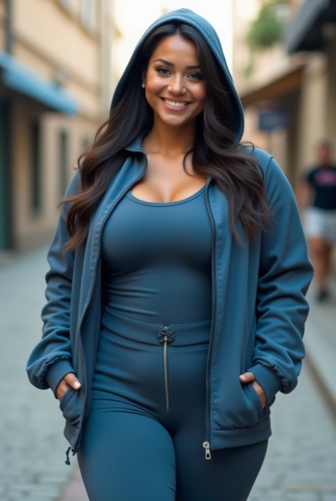 image noir et blanc,Femme naturelle un peu ronde,et souriante dans la rue, en jogging couleur bleue mat, moulant, avec une capuche sur la tete et les cheveux long. Belle poitrine moyenne visible parce que la veste jogging est à moitié ouverte. Jolie fessier moulé. Analog style