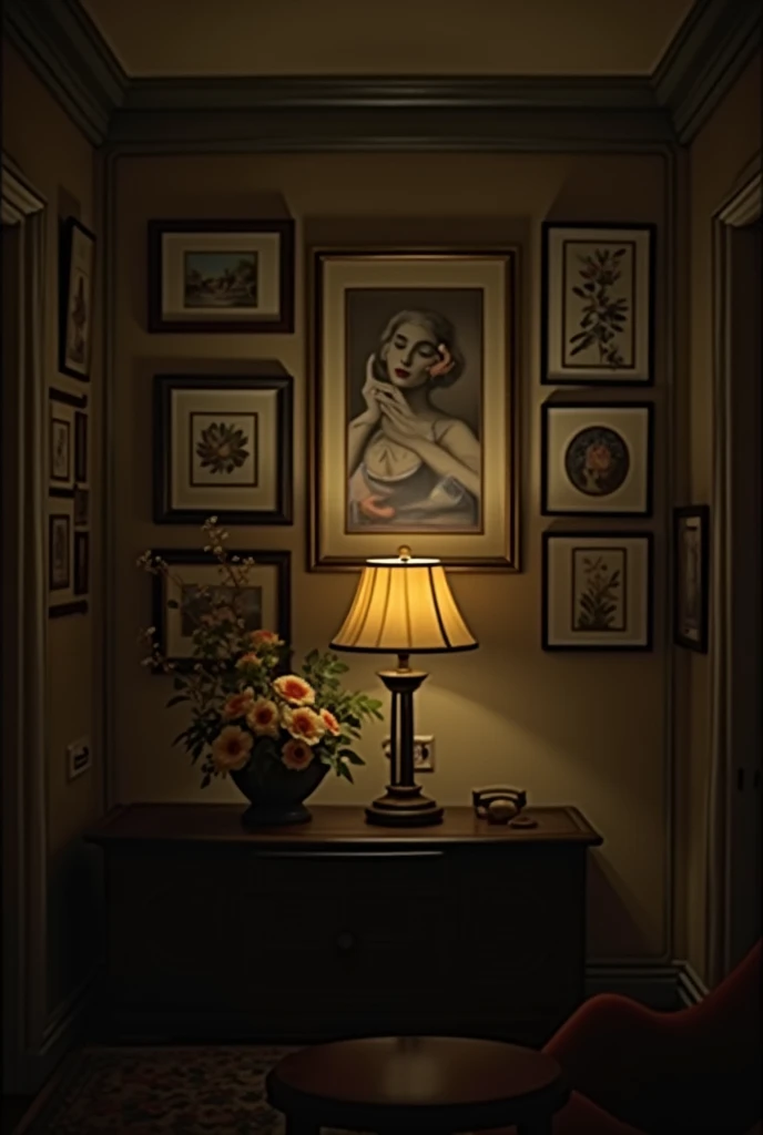 Background with frames on wall and flowers vase with dim lights without windows and sofa (no couch ) only wall