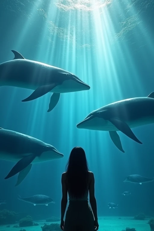 Woman watching whales swimming in a large aquarium