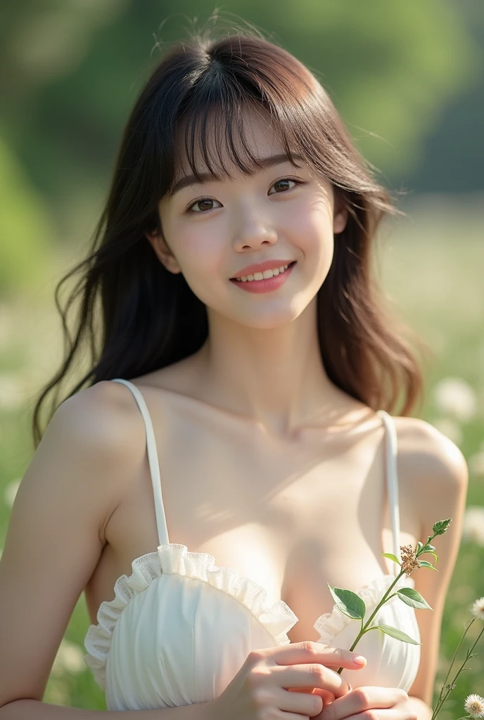 Best Quality, masutepiece, Ultra High Resolution (Photorealistic: 1.4), Raw photo, 1 girl,slenderbody、tiny chest、 fullnude, Bare shoulders, A field of blue flowers blooms, Glowing skin, slight smile