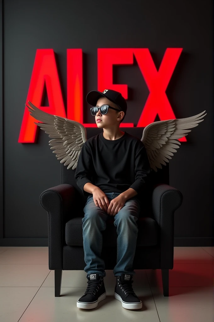 Create a 3d illusion for a Instagram profile picture where a boy in a black sits casually on a wingblack chair. Wearing sneakers, a black cricket cap, and sunglasses, he looks ahead. The background features 'Alex' in big capital red fonts on the black wall. There should not be his shadow, and there are wings to make it appear as if he is an angle