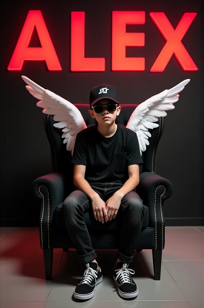 Create a 3d illusion for a Instagram profile picture where a boy in a black sits casually on a wingblack chair. Wearing sneakers, a black cricket cap, and sunglasses, he looks ahead. The background features 'Alex' in big capital red fonts on the black wall. There should not be his shadow, and there are wings to make it appear as if he is an angle