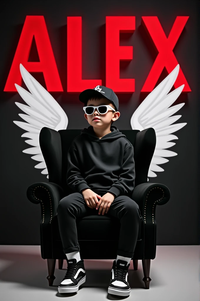 Create a 3d illusion for a Instagram profile picture where a boy in a black sits casually on a wingblack chair. Wearing sneakers, a black cricket cap, and sunglasses, he looks ahead. The background features 'Alex' in big capital red fonts on the black wall. There should not be his shadow, and there are wings to make it appear as if he is an angle