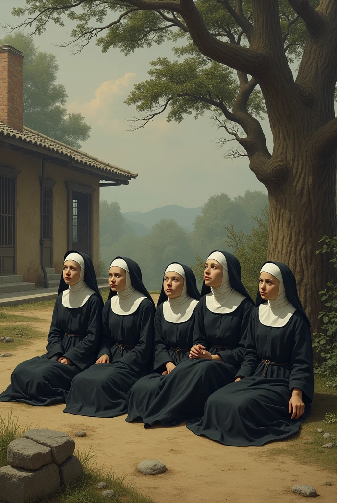 The layout features four nuns lying down in a row, with their asses naked to the air, facing left, with distinct head coverings and long garments, suggesting a traditional or cultural setting. The background includes a tree with detailed branches and leaves on the right side, and a structure resembling a house or building with a chimney on the left.