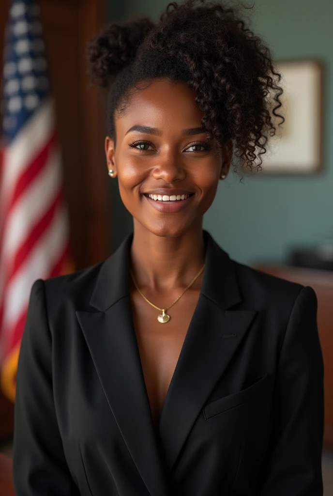 high detail, modern, Realism, Hyperrealism, cinematic lighting, depth of field, UHD, retina, masterpiece, acurate, anatomically correct, textured skin, super detail, high details, high quality, award winning, best quality, highres, 8k, Photo of a cute brunette black woman with curlyhair in a bun sitting in an office wear a black suit jacket with unbuttoned blouse pleasant atmosphere, american flag in the background dunkle Beleuchtung,