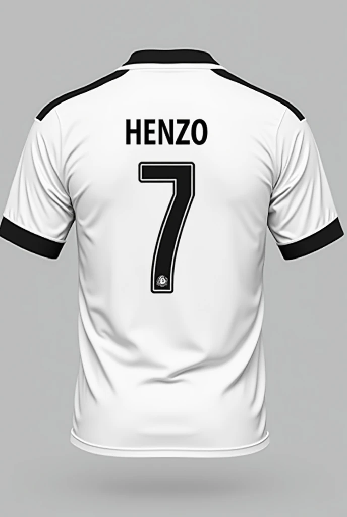 make a white soccer shirt with the word henzo written on it and the number 7 on the back with a black stripe on the sleeve