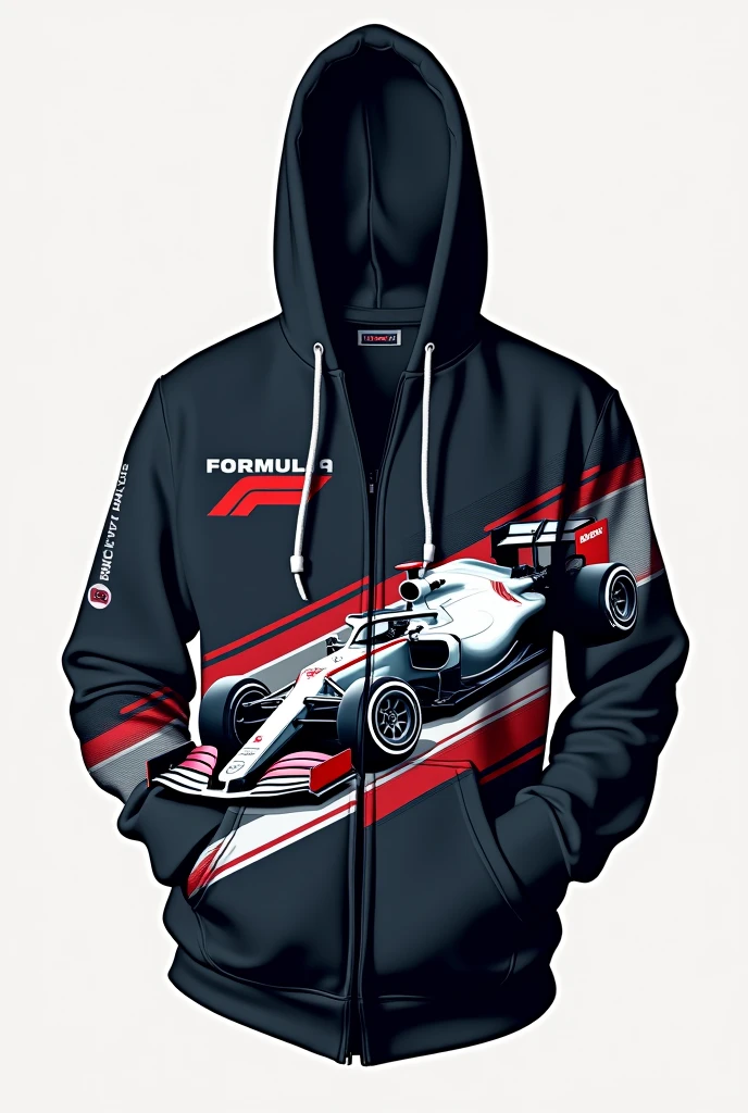 Create me a Formula 1 themed Hoodie for my school's promotion, but it is not directly about Formula 1 and does not have any design of a car or something similar, it can have tires as a design and racing flags, show me at least 4 options