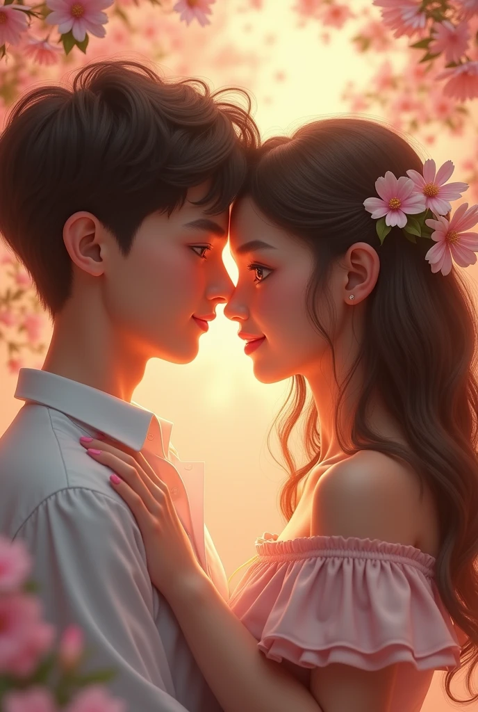 a cute couple, 1boy, 1girl, beautiful detailed eyes, beautiful detailed lips, extremely detailed face, lovely expression, romantic, cute, tender, soft colors, pastel colors, warm lighting, delicate, tender, heartwarming, whimsical, fantasy, dreamlike, magical realism, intricate details, high quality, 8k, photorealistic, cinematic lighting, masterpiece