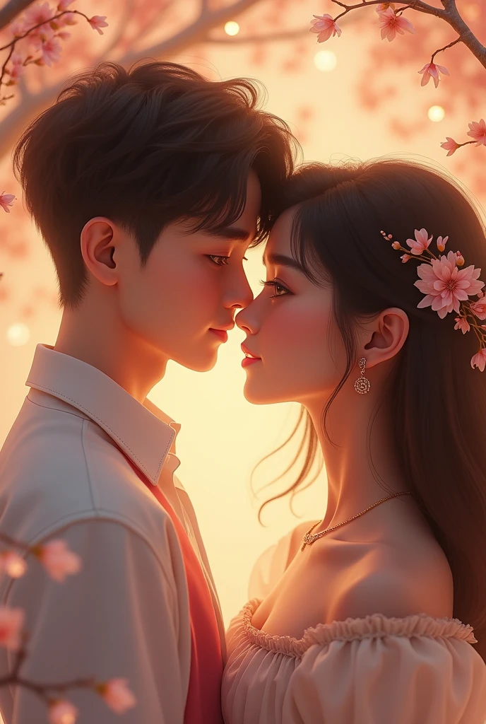 a cute couple, 1boy, 1girl, beautiful detailed eyes, beautiful detailed lips, extremely detailed face, lovely expression, romantic, cute, tender, soft colors, pastel colors, warm lighting, delicate, tender, heartwarming, whimsical, fantasy, dreamlike, magical realism, intricate details, high quality, 8k, photorealistic, cinematic lighting, masterpiece
