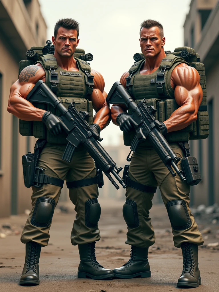 two soldiers like Stallone and Schwarzenegger with military clothing with machine guns and rocket launchers, labeled as Konami Contra. Realistic photo style.