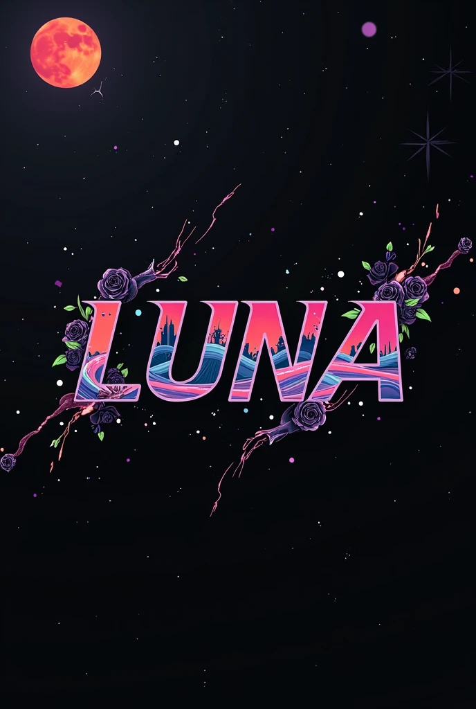High resolution, logo spelling swiftly “Luna” cool, Jdm theme, anime theme, Cyberpunk vibe name spelling, brand logo, logo for tshirt, brand logo “LUNA”, neon vibes, acid trip vibes, acid trip, shooting stars, acid trip inside “LUNA”, acid trip, hallucinations inside “LUNA”, Waves of hallucinations, purple, techno hallucinations inside “LUNA”, Acid trip hallucinations inside “LUNA” , Waves of hallucinations inside “LUNA, splash, black roses with green leaves, blood moon, horror, white background, skeleton hand holding rose, 