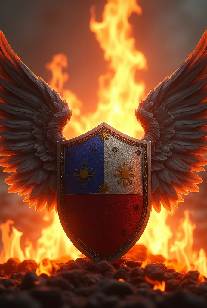 Shield with wings, vertical philippine flag, fire back ground