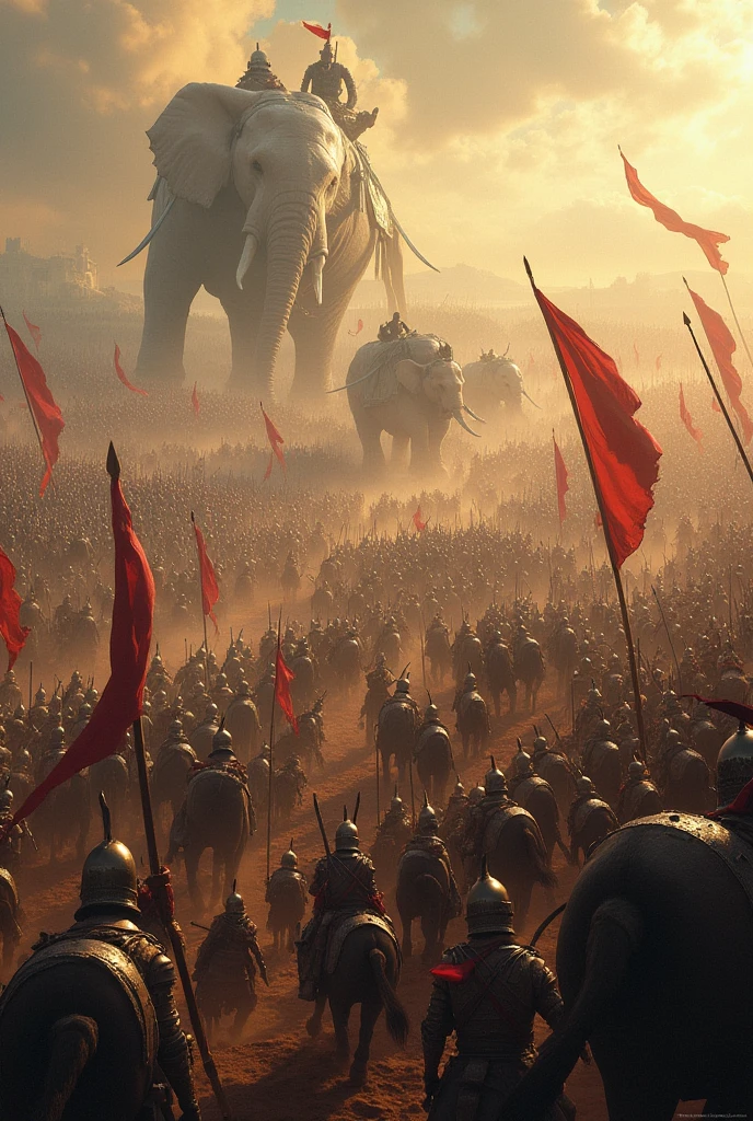 Make a biggest  war picture  no mountains full spacious area
 where lot of warrior like lakhs of people fight with horses elephant swords 
