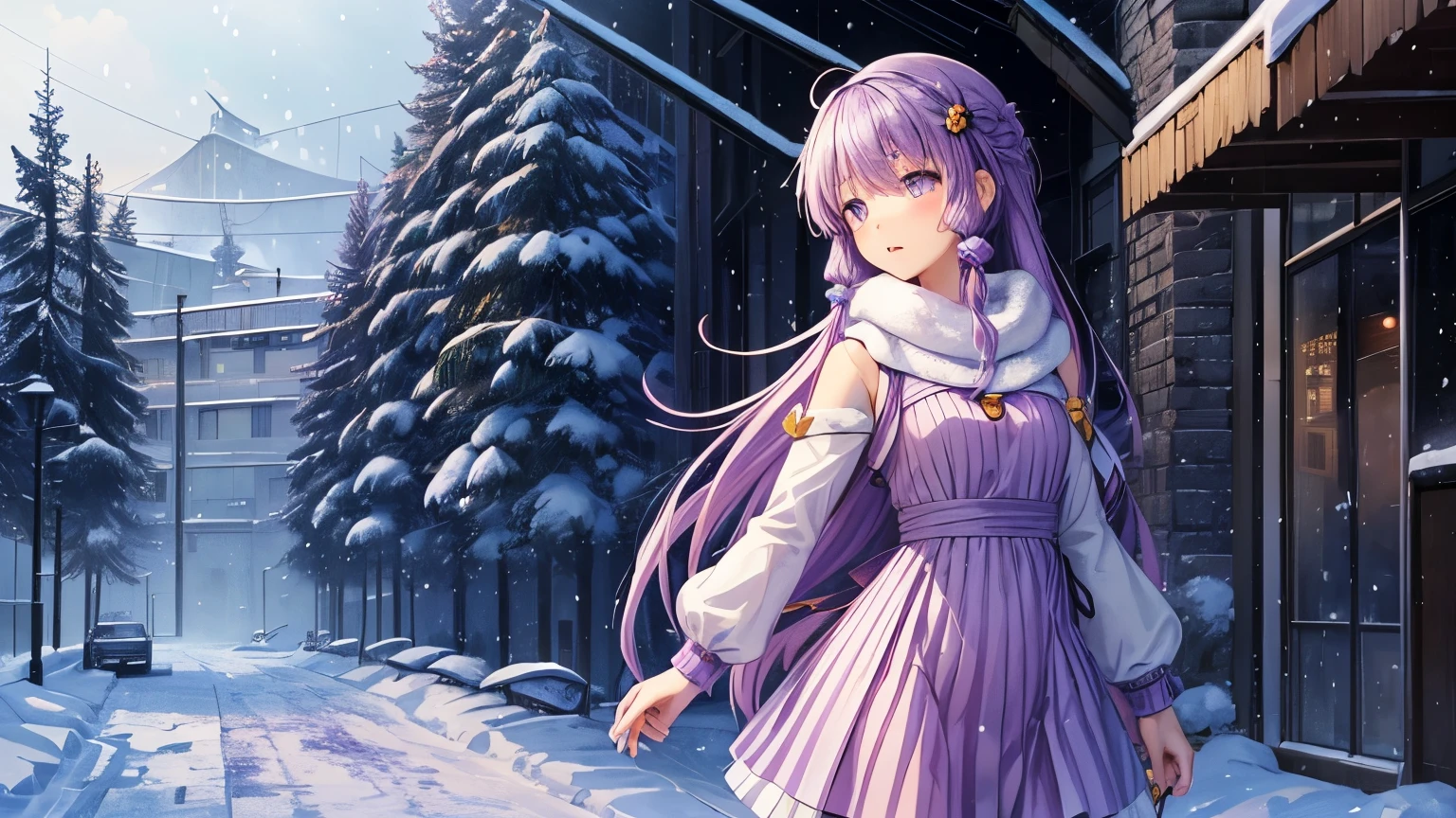 yukari, yuzuki, １People Girl, (masterpiece),(figure),(Highest quality:1.3),Accurate anatomy, detailed purple hair, ぼやけたbackground, ((Light purple dress)), Travel Nostalgia,memory,((background,Snowstorm,Cruel world),((Clothes for the harsh winter)),sunny day