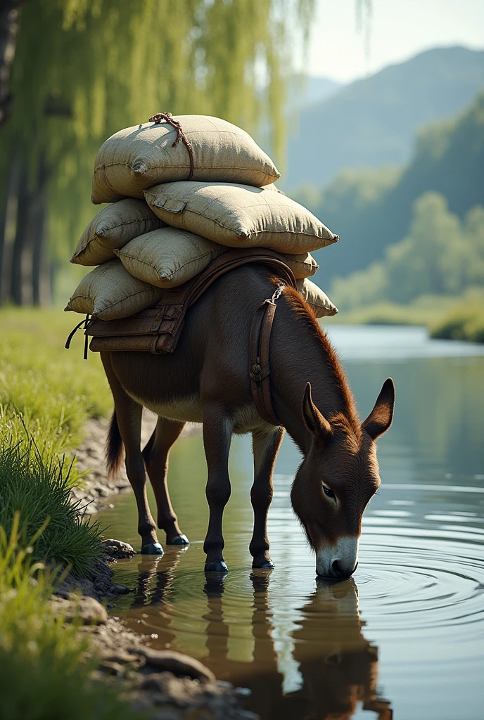 A donkey with many sacks on its back is drinking water by the river