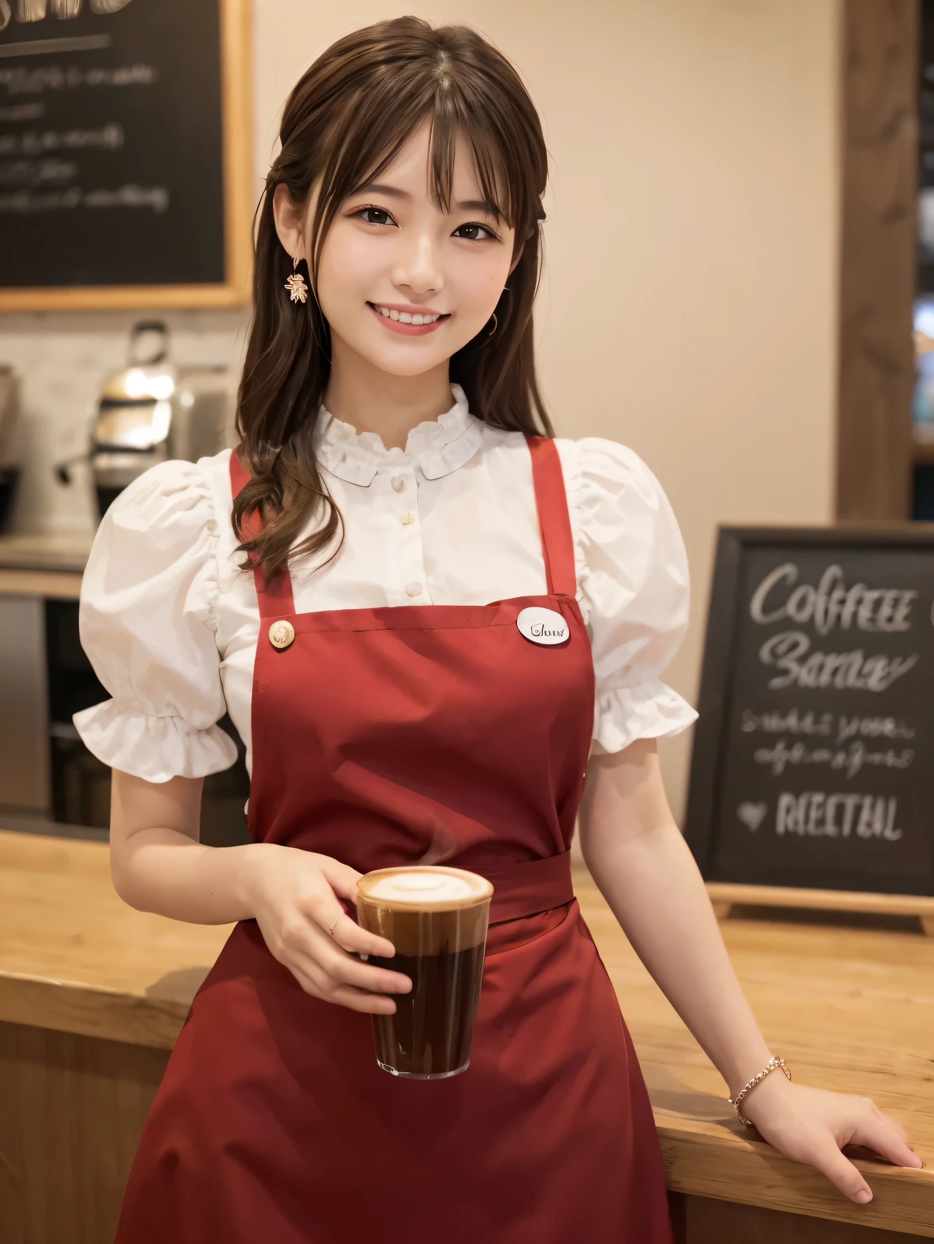 1 girl、(RAW Photos、Highest quality)、(Real、Photoreal:1.4)、Tabletop、Very delicate and beautiful、Very detailed、2k wallpaper、wonderful、Detailed、very detailedCG Unity 8K wallpaper、Super detailed、1、High resolution、((Red waitress outfit))、Long skirt、Elegant skirt、Big Breasts、Frills、ribbon、Soft Light、Beautiful detailed girl、Puff sleeves、Cafe waitress、smile、Happy Face、Cafe、coffee shop、latte Art