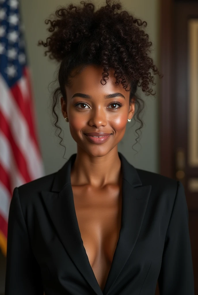high detail, modern, Realism, Hyperrealism, cinematic lighting, depth of field, UHD, retina, masterpiece, acurate, anatomically correct, textured skin, super detail, high details, high quality, award winning, best quality, highres, 8k, Photo of a cute brunette black woman with curlyhair in a bun sitting in an office wear a black suit jacket with unbuttoned blouse pleasant atmosphere, american flag in the background dunkle Beleuchtung,