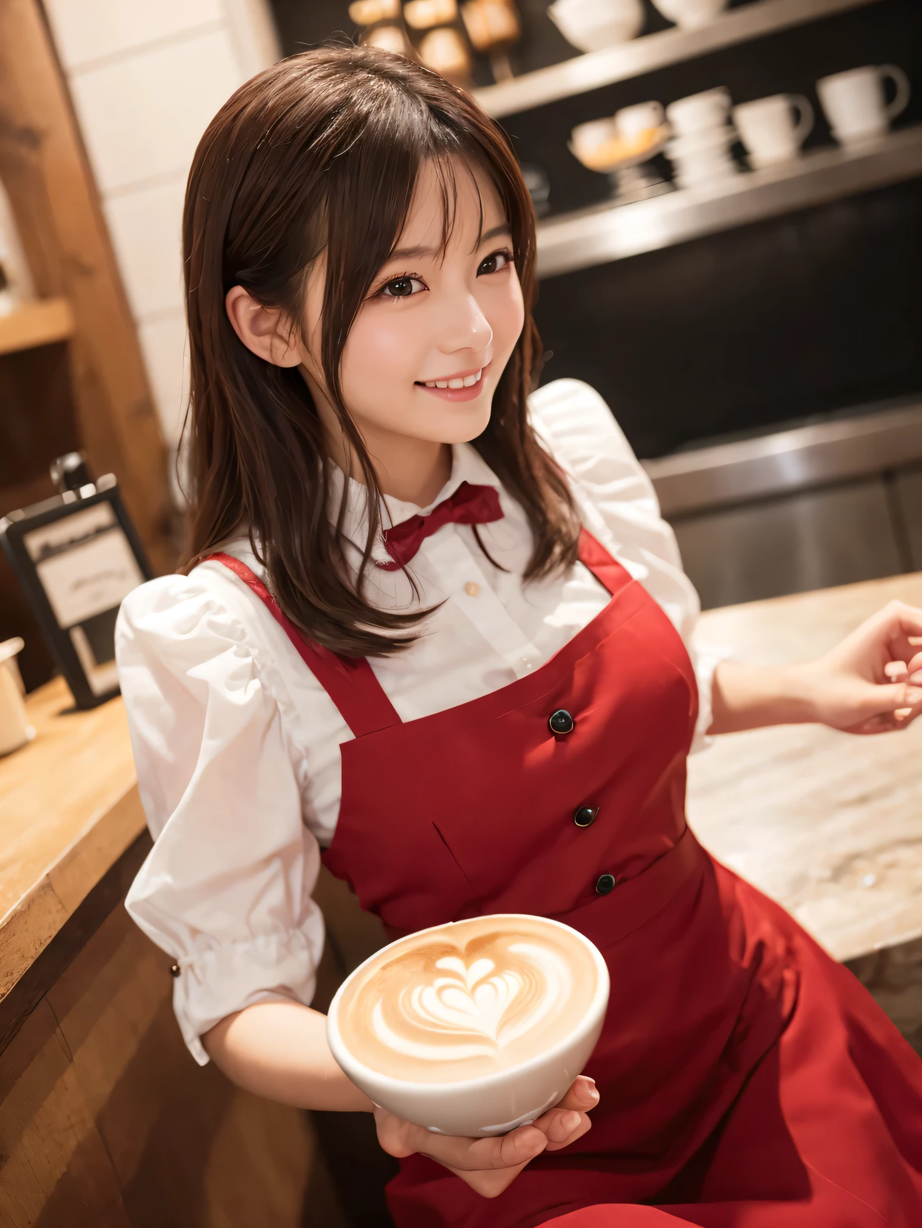 1 girl、(RAW Photos、Highest quality)、(Real、Photoreal:1.4)、Tabletop、Very delicate and beautiful、Very detailed、2k wallpaper、wonderful、Detailed、very detailedCG Unity 8K wallpaper、Super detailed、1、High resolution、((Red waitress outfit))、Long skirt、Elegant skirt、Big Breasts、Frills、ribbon、Soft Light、Beautiful detailed girl、Puff sleeves、Cafe waitress、smile、Happy Face、Cafe、coffee shop、latte Art