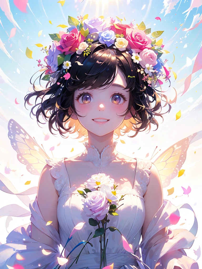 (masterpiece、Highest quality、Highest quality、Beautiful and beautiful:1.2)、(Perfect Anatomy:1.2)、Milky white straight hair girl、Butterfly Fairy、Floral costume、A radiant smile、Looking up at the sky、pray。、Flowers and leaves on head、Rose flowers blooming profusely、Rose Garden