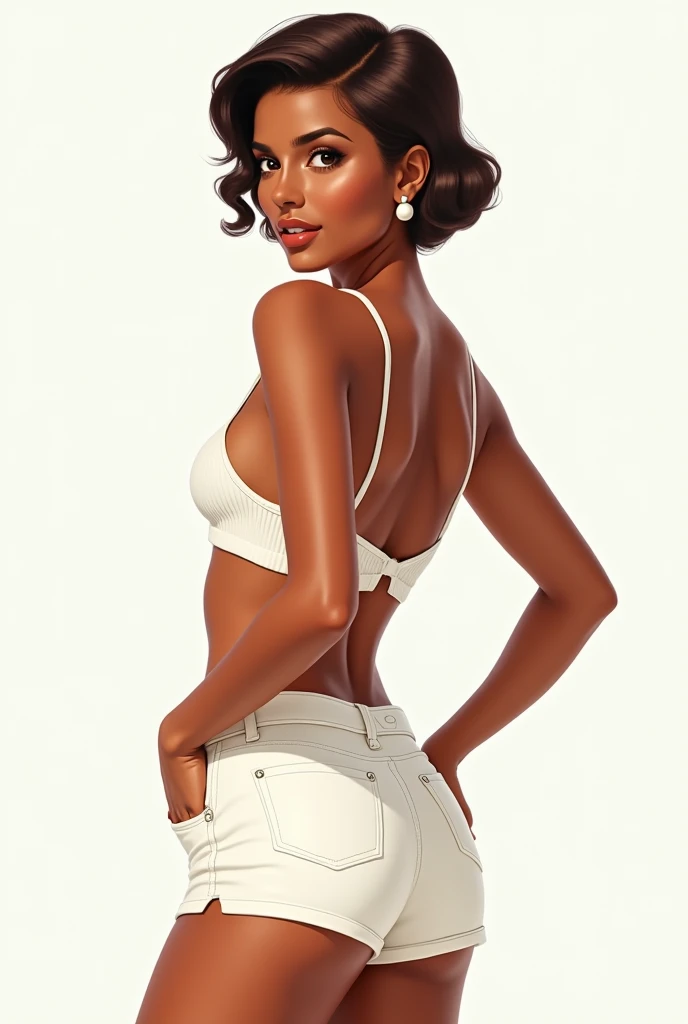 TONI,, brown skin ,,,gorgeous 40s woman, white background, short hair, , standing, facing front. HD, woman, body Asymmetrical , no shadows TONI, Tan skin, gorgeous woman, white background, short hair, , standing, facing front. HD, 3D, ((((((((((((show whole body)))))), no shadows, cartoon , wearing white shorts , full frame of the body, no cropping the body. 35mm WIDE ANGLE SHOT, PIN-UP STYLES
