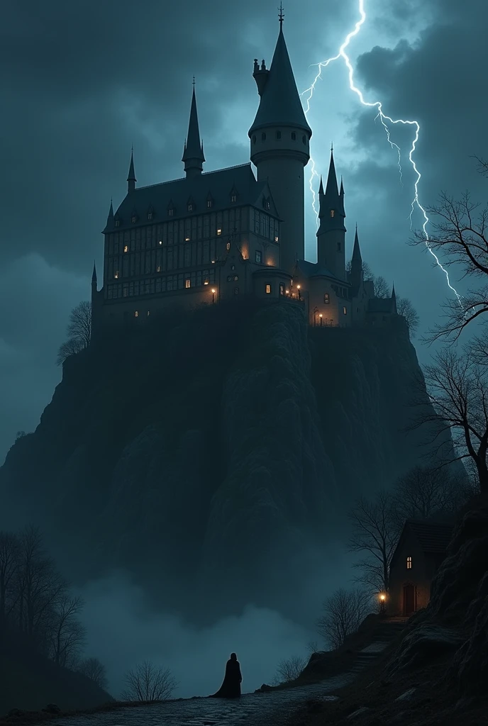 a very small gothic town with lights only inside the buildings and some even completely dark, behind and on top of a cliff is a vampire count in front of his dark and spooky hogwards castle on top of a high hill and under a dark sky with one lightningbolt glooming in the night