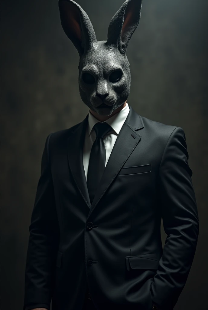 A man in a suit wearing a dark rabbit mask