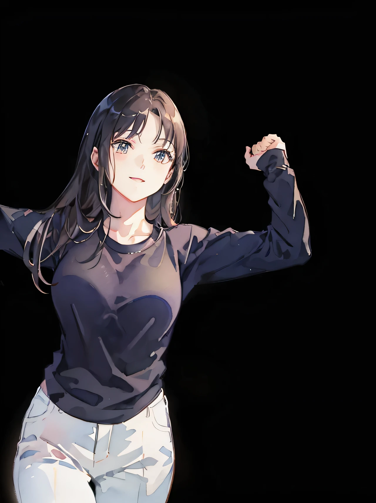 arafed woman in black shirt and white pants posing for a picture, arms extended, t pose, t - pose, t-pose, fighting stance, strong arms, thicc, she is dancing. realistic, pretty face with arms and legs, strong pose, showing off biceps, arms to side, most strongest pose, with a black background, anime pose, (Masterpiece), (best detail), (Best quality), (((aquarelle))), Watercolor background, cheerfulness, Young and good-looking, (Vintage background)