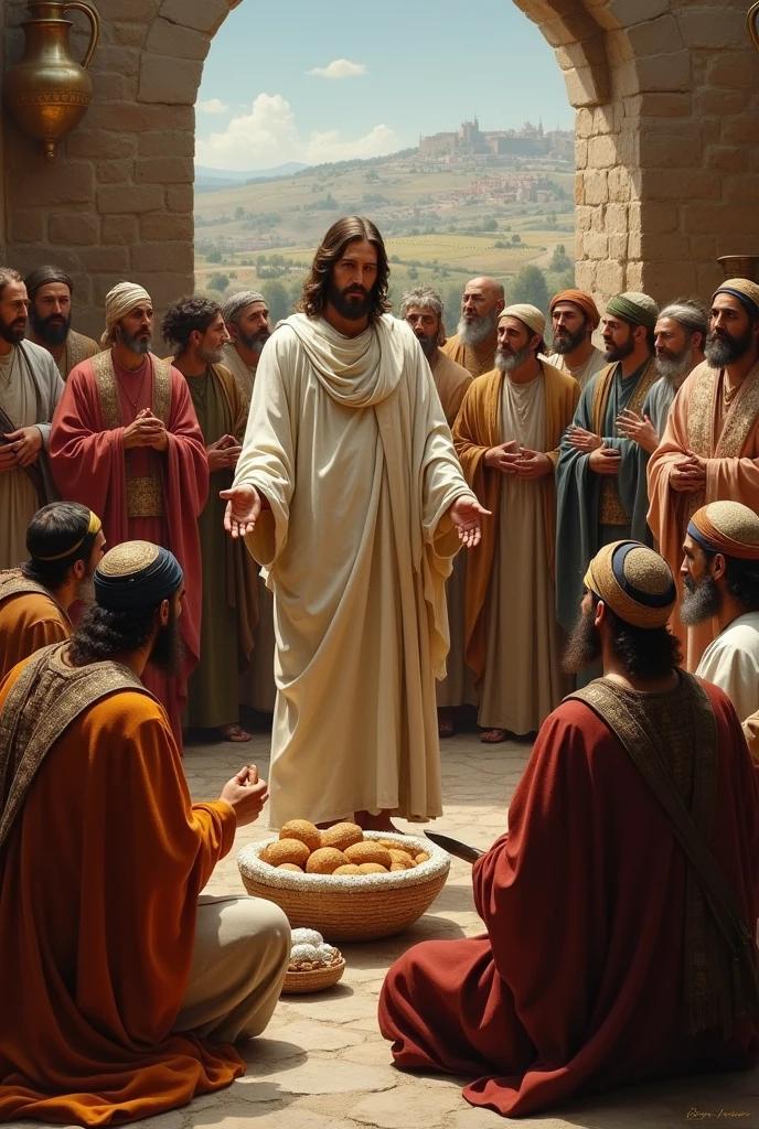 Jesus teaching the crowd, surrounded by Pharisees in ancient clothes, while the disciples eat bread. The setting is typical of ancient Judea, with copper jars and vessels in the background.
