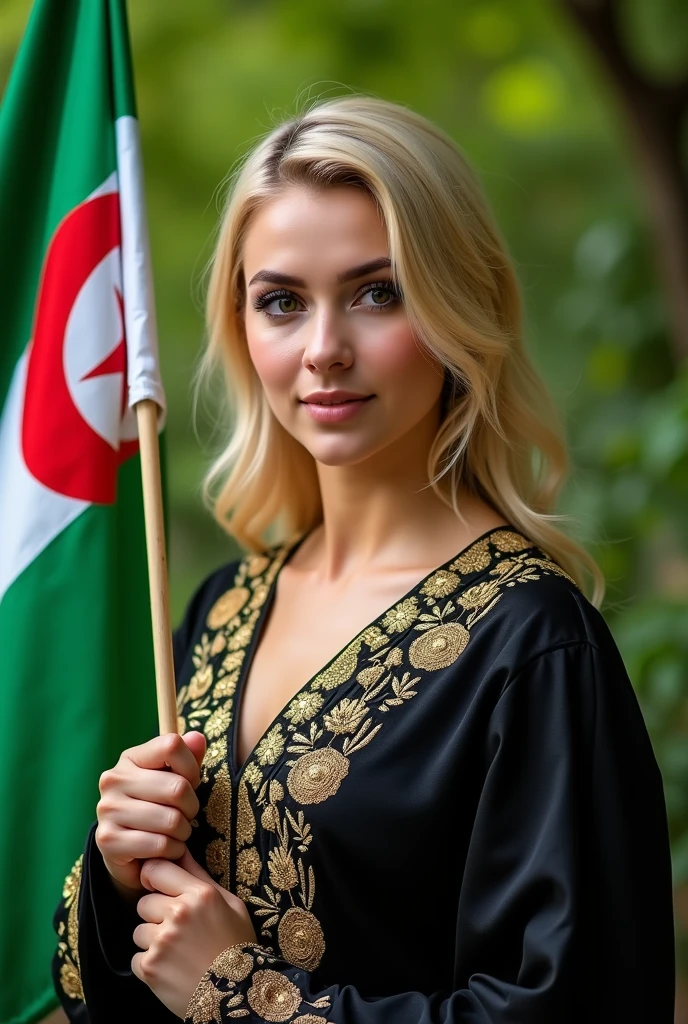 Close up, blonde, plump woman . She is wearing a black caftan decorated with gold threads embroidered with a modern and high-quality technique, she is holding the Algerian flag on her hand, perfect clarity of the entire image, sharpness of the face and eyes, intricate details 64k 32k HDset green nature background