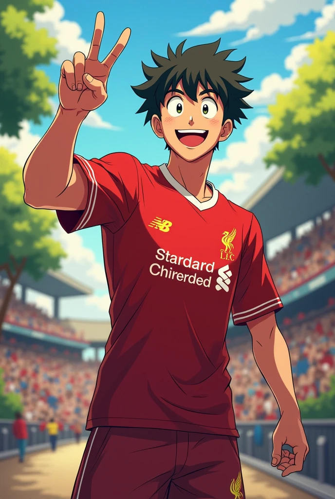 A young man smiles Toriyama Akira style and gives a two-finger salute while wearing a Liverpool shirt. standing in cartoon style illustration Detailed and colorful Dynamic photography, realistic high-quality colorful poses.