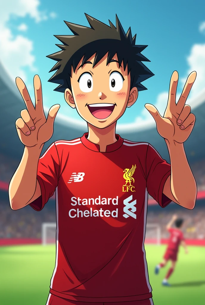 A young man smiles Toriyama Akira style and gives a two-finger salute while wearing a Liverpool shirt. standing in cartoon style illustration Detailed and colorful Dynamic photography, realistic high-quality colorful poses.