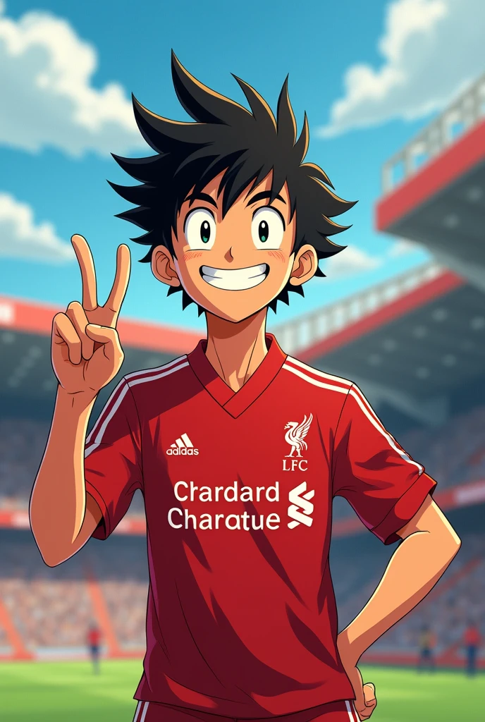 A young man smiles Toriyama Akira style and gives a two-finger salute while wearing a Liverpool shirt. standing in cartoon style illustration Detailed and colorful Dynamic photography, realistic high-quality colorful poses.