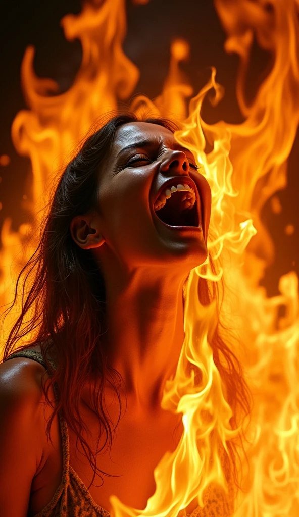 hyper-realistic closeup, Fire over and entirely engulfing and covering a screaming girl, flames wrap and curl over the girl as they flow over her and burn her, the girl is fully ablaze, the girl is screaming in pain as she burns to , trappnside a steel furnace filled with fire, flames block the girl almost entirely, her skin is blackened and charred, her body is on fire