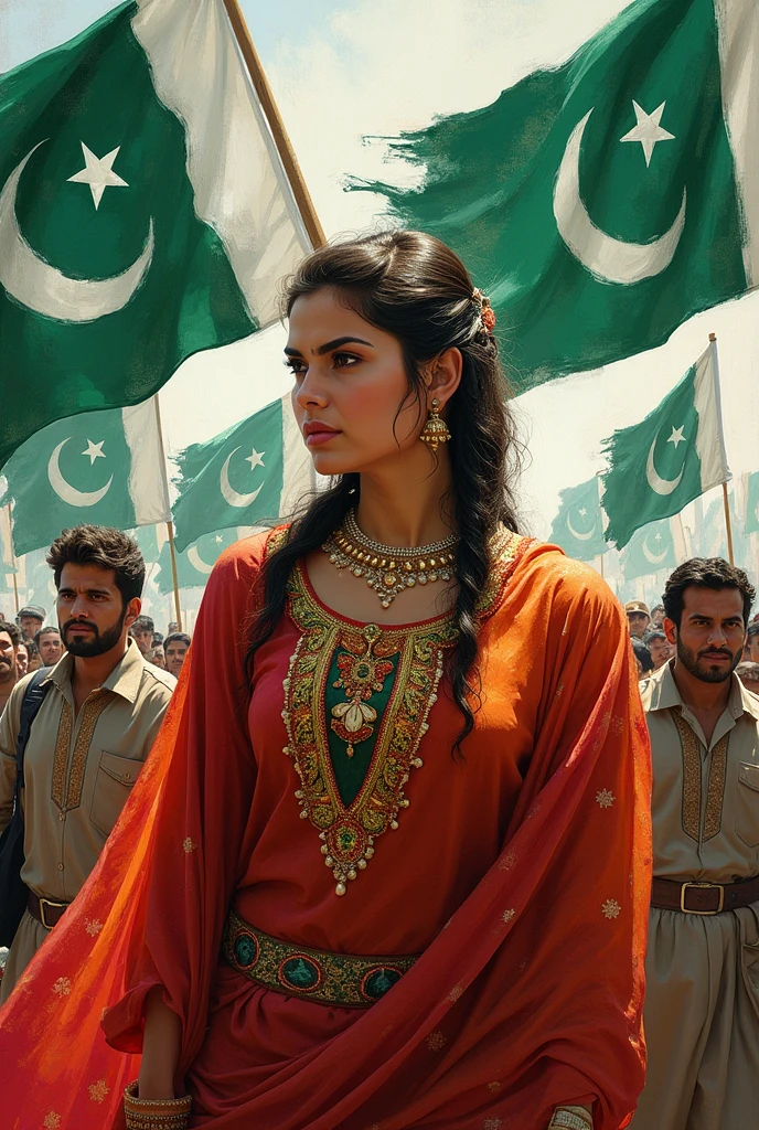 Strong willed women, Pakistani, independence day, cultural background with flags, patriotic theme, painting