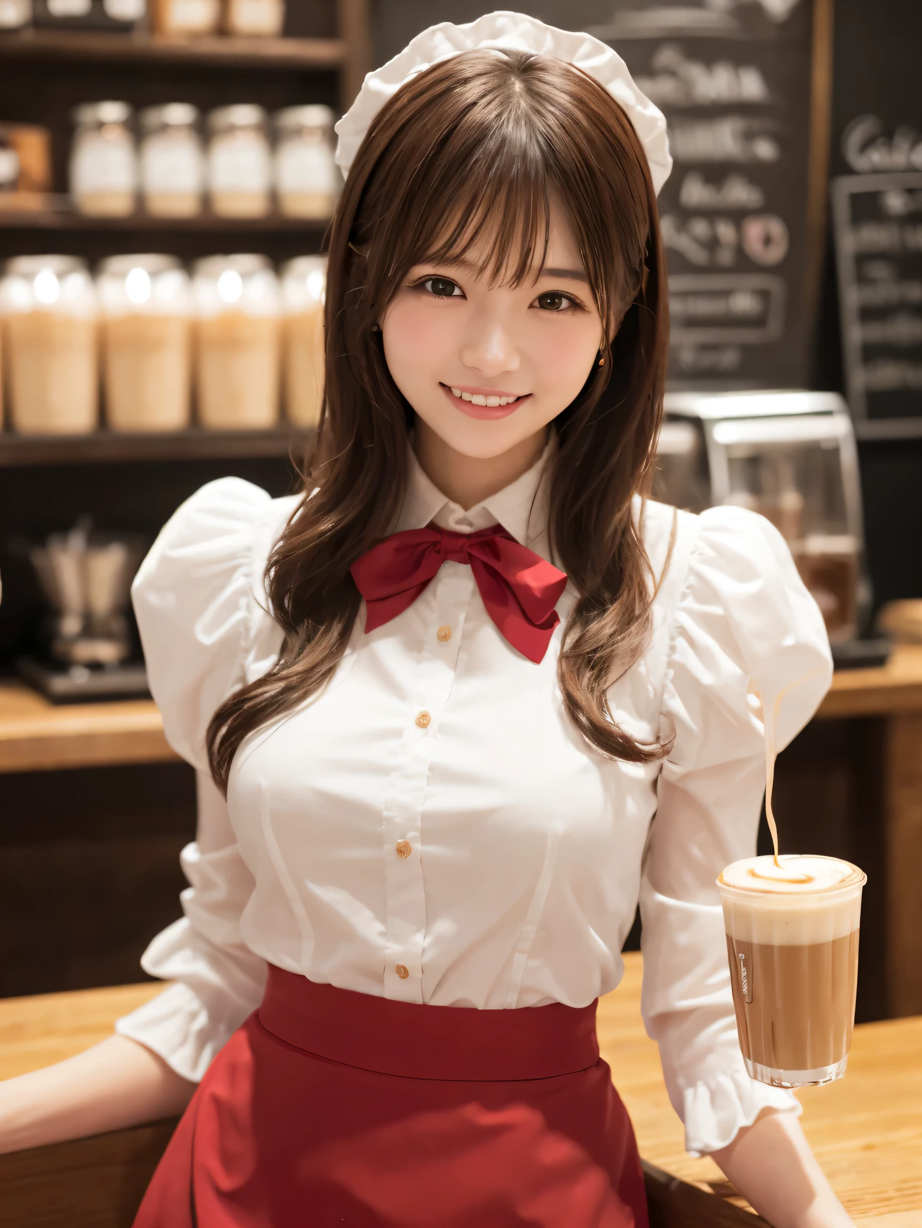 1 girl、(RAW Photos、Highest quality)、(Real、Photoreal:1.4)、Tabletop、Very delicate and beautiful、Very detailed、2k wallpaper、wonderful、Detailed、very detailedCG Unity 8K wallpaper、Super detailed、1、High resolution、((Red waitress outfit))、Long skirt、Elegant skirt、Big Breasts、Frills、ribbon、Soft Light、Beautiful detailed girl、Puff sleeves、Cafe waitress、smile、Happy Face、Cafe、coffee shop、latte Art