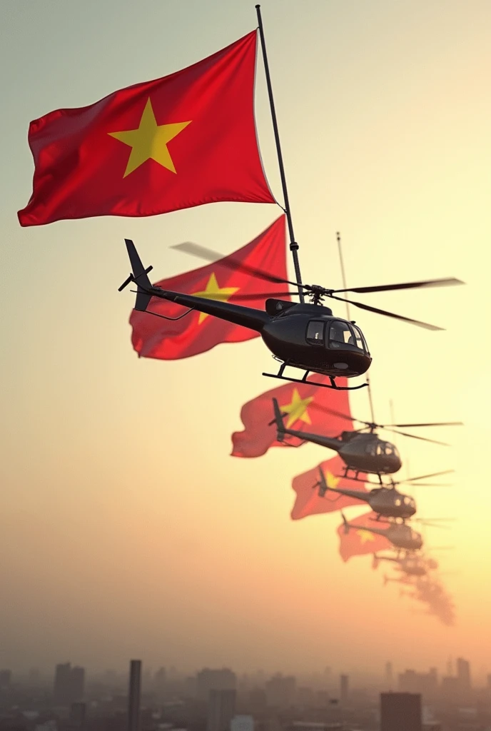 In the sky many helicopters hang the Vietnamese flag