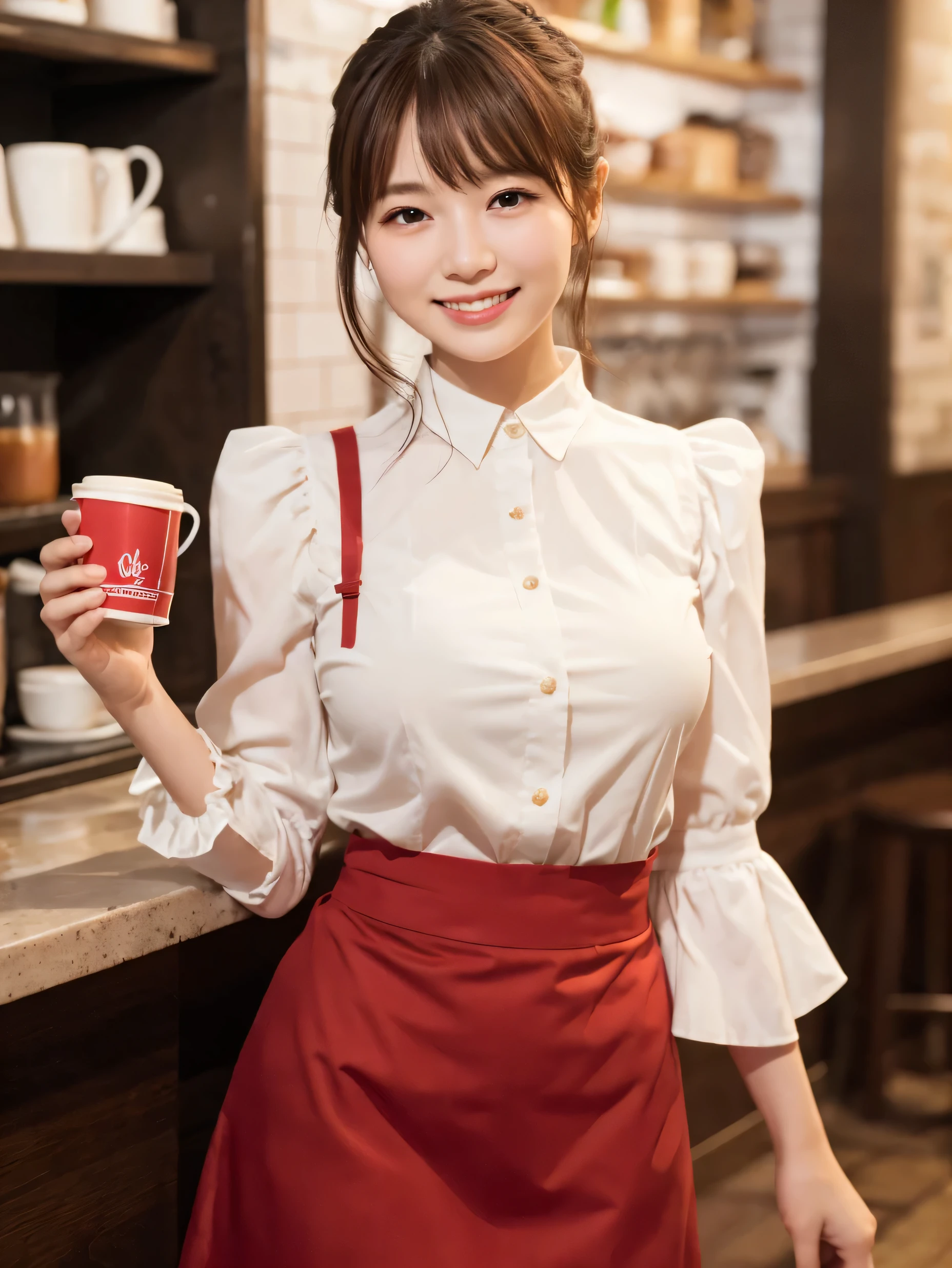 1 girl、(RAW Photos、Highest quality)、(Real、Photoreal:1.4)、Tabletop、Very delicate and beautiful、Very detailed、2k wallpaper、wonderful、Detailed、very detailedCG Unity 8K wallpaper、Super detailed、1、High resolution、((Red waitress outfit))、Long skirt、Elegant skirt、Big Breasts、Frills、ribbon、Soft Light、Beautiful detailed girl、Puff sleeves、Cafe waitress、smile、Happy Face、Cafe、coffee shop、latte Art
