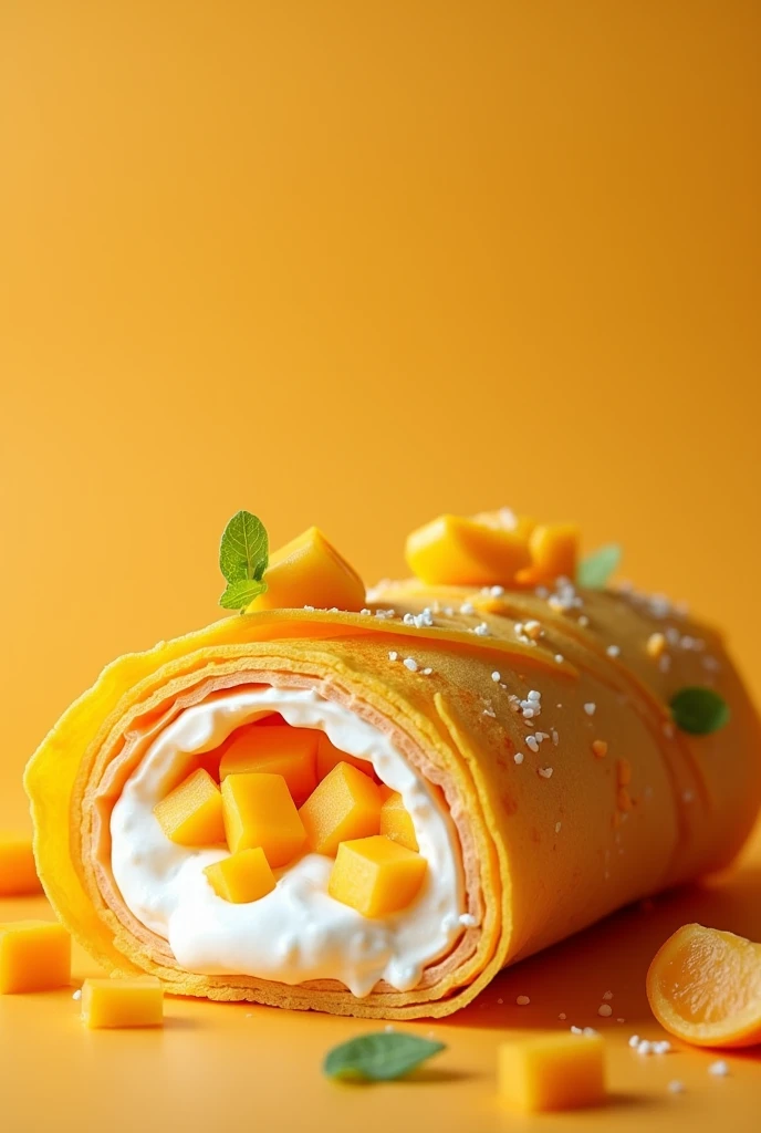 color orange crepe burrito with mango filling and yogurt. cut in half. in the BOTTOM LEFT CORNER. YOGURT IS INSIDE. BURRITO, IT SHOULD BE FILLED. LANDSCAPE FORMAT. MORE LAYERS IN THE CREPE. YOGURT INSIDE