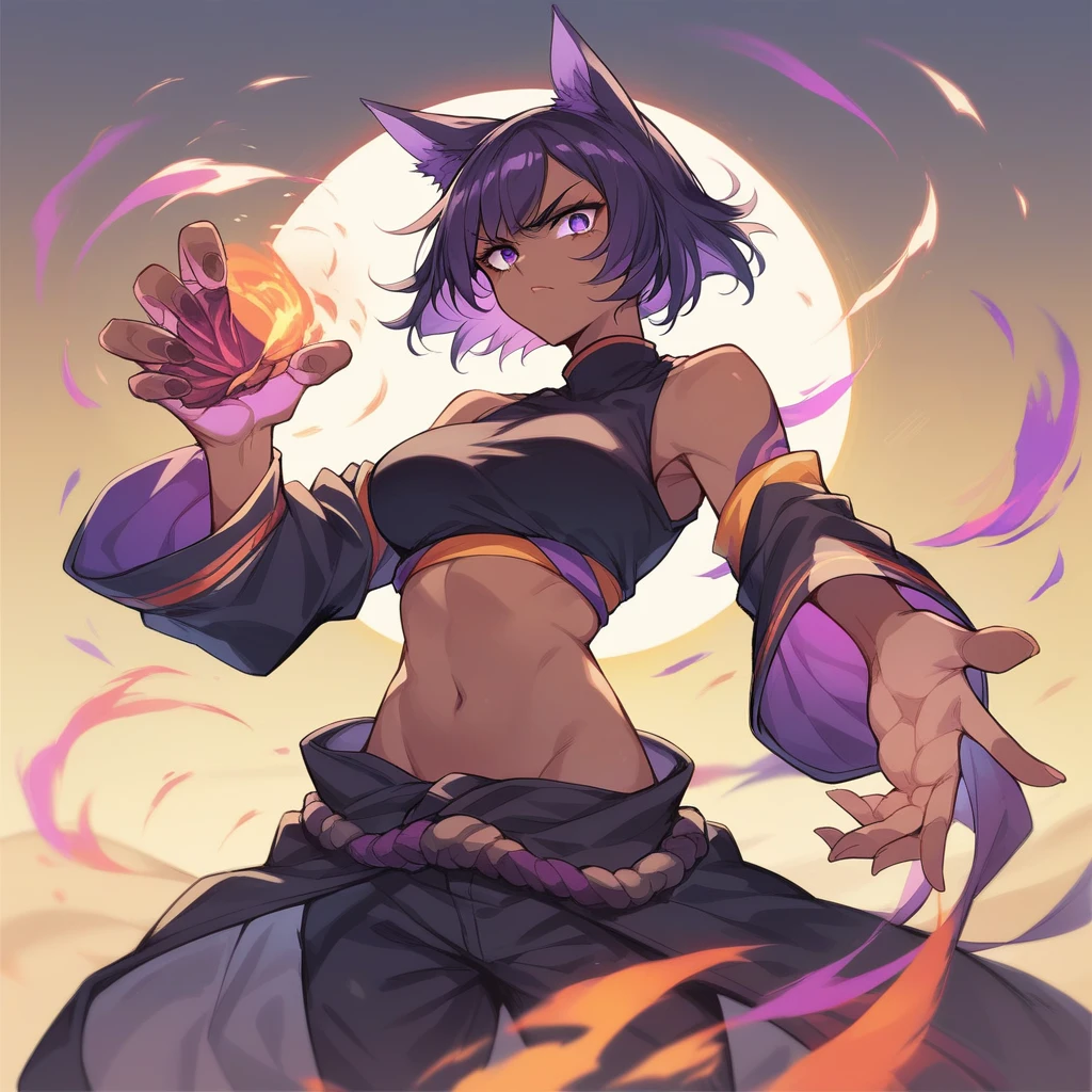 fox ears, medium dark skin, 1 female, fierce expression, holding a scimitar, (colors on her clothes, warm, orange, yellow, violet:1.3), standing on a desert, dramatic lighting, intense shadows, sandy texture, tall contrast, vibrant colors, dynamic pose, powerful stance, rugged background, explosive atmosphere, dystopian theme