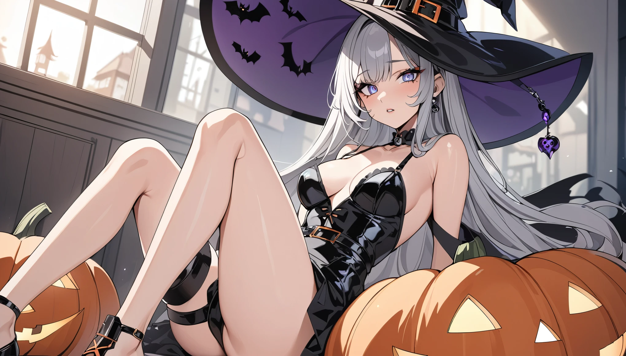 score_9, score_8_up,score_7_up, masterpiece, best quality, perfect anatomy, very aesthetic, 8k, 1 girl, Beautiful Stylish Outfit, sexy, Beautiful Colors, Clear drawing, masterpiece, beauty, makeup, full detailed, anime, anime style, grey hair, detailed, witch, halloween, halloween costume, detailed eyes, detailed pupils, fullbody, adorable, blush, teenage, dilated pupils, full body