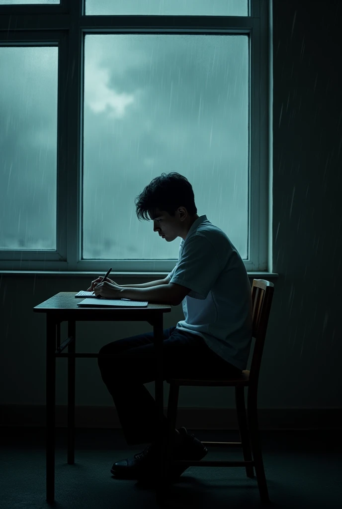A young boy, about 20 years old, sits in a large classroom. He sits alone in the dark. He is wearing a white shirt and long black pants. He is sitting with a pen doing his homework on a paper on the table. He looks at the camera but not at the camera. It is raining outside and the sky is dark. The camera angle is a close up shot looking from outside through the glass of a window. Horror theme.