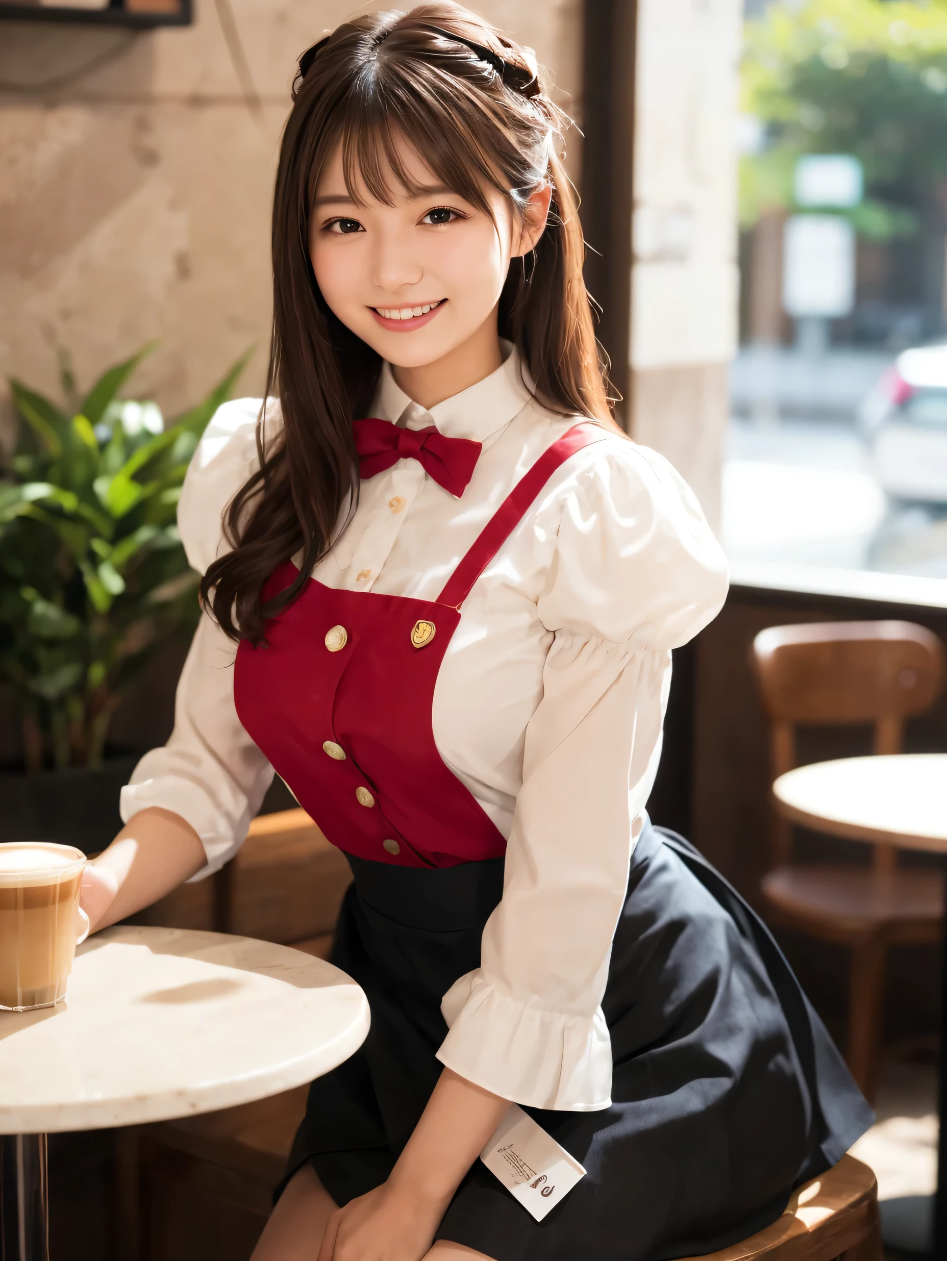 1 girl、(RAW Photos、Highest quality)、(Real、Photoreal:1.4)、Tabletop、Very delicate and beautiful、Very detailed、2k wallpaper、wonderful、Detailed、very detailedCG Unity 8K wallpaper、Super detailed、1、High resolution、((Red waitress outfit))、Pleated skirt、Elegant skirt、Big Breasts、Frills、ribbon、Soft Light、Beautiful detailed girl、Puff sleeves、Cafe waitress、smile、Happy Face、Cafe、coffee shop、latte Art