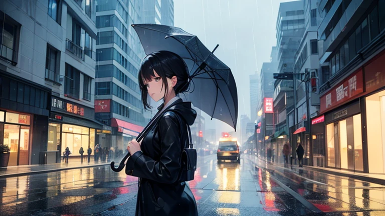 In the hustle and bustle of the city、Please draw a woman sheltering from the rain under the eaves of a building.。The woman stands with her umbrella closed to avoid getting wet.、This is a scene where she is looking into the distance.。In the background、The wet asphalt road and a car driving away are depicted.、Please make it possible to feel the atmosphere of a rainy day in the city.。