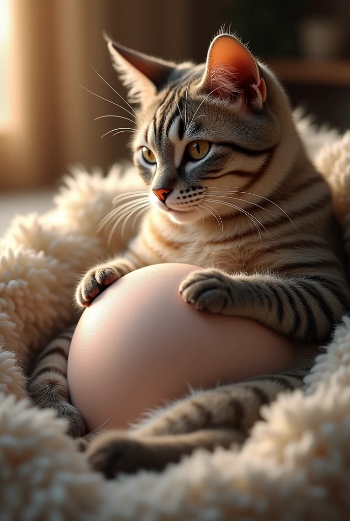 A cat woman is feeling severe pain in her stomach. She feels even more pain, her belly is growing, it hurts and her child is being born. 