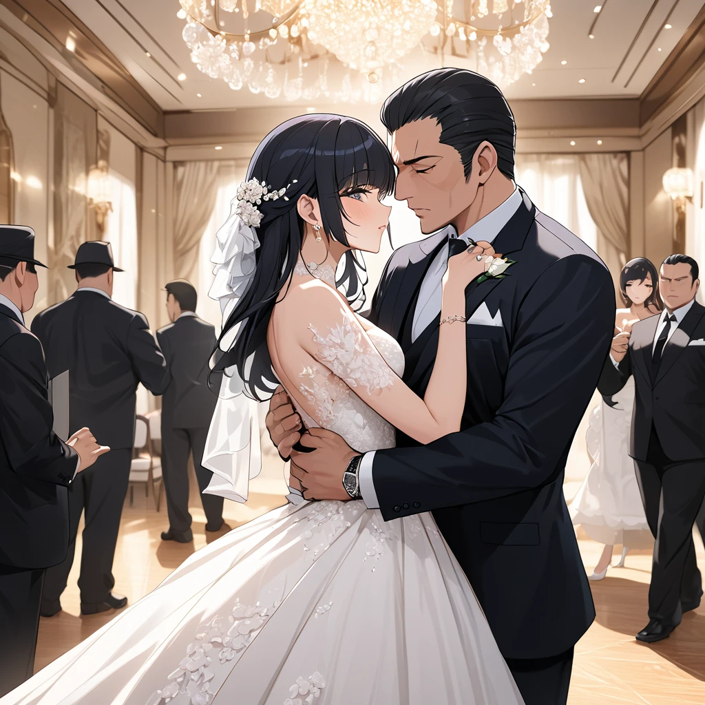 ((Highest quality)), ((masterpiece)), (detailed), （Perfect Face）、The woman is Reika Aoki, the wife of a mafia boss, with medium-long black hair and an engagement ring.、At a luxurious wedding hall, a woman is wearing a gorgeous wedding dress and embracing a mafia boss man, kissing him in oath, having a luxurious mafia wedding and being blessed by mafia members.