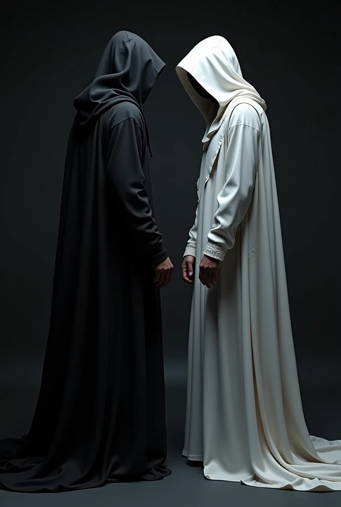 A man in a black robe covering his face, facing back to a man in a white robe covering his face, black background.
