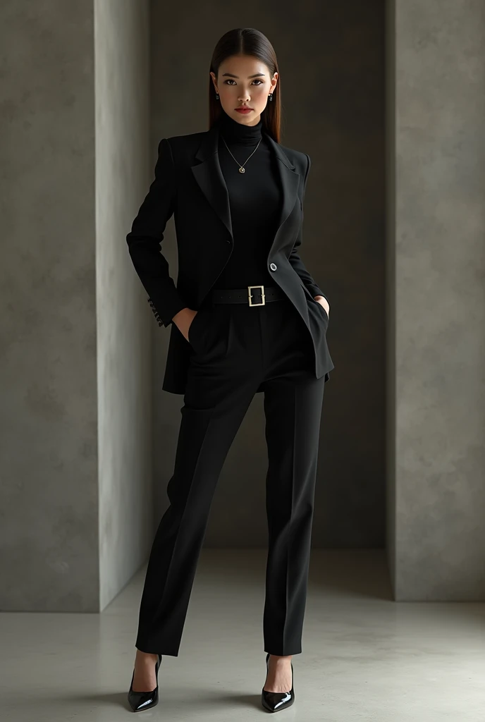 A handsome woman in black Turtleneck with a black suit and black high heels 