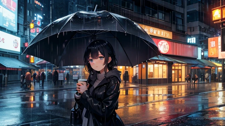 Under the eaves of a city cafe、Please draw a woman sheltering from the rain.。A woman closes her umbrella under the roof of a cafe、A scene of her watching the rain and holding a cup of coffee.。In the background、Wet cityscapes and reflective neon lights are depicted.、Please express the warm urban atmosphere even in the rain.。