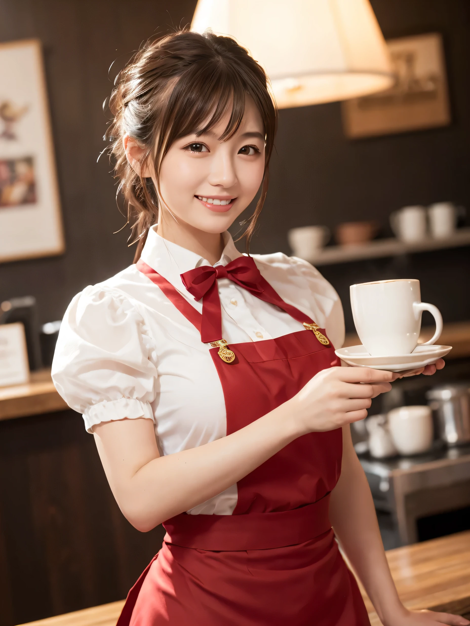 1 girl、(RAW Photos、Highest quality)、(Real、Photoreal:1.4)、Tabletop、Very delicate and beautiful、Very detailed、2k wallpaper、wonderful、Detailed、very detailedCG Unity 8K wallpaper、Super detailed、1、High resolution、((Red waitress outfit))、Pleated skirt、Elegant skirt、Big Breasts、Frills、ribbon、Soft Light、Beautiful detailed girl、Puff sleeves、Cafe waitress、smile、Happy Face、Cafe、coffee shop、latte Art